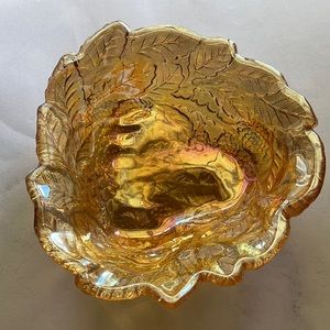 Iridescent Marigold Carnival Glass Blackberry and Leaf Pattern Tricorner Bowl